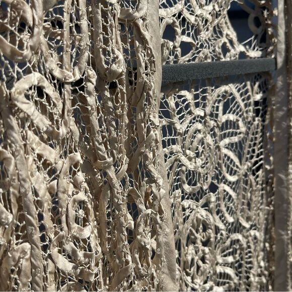 Cream Crochet Cardigan SZ L Open Front Gold Beaded Boho Garden Fairy Cottagecore - Picture 3 of 5